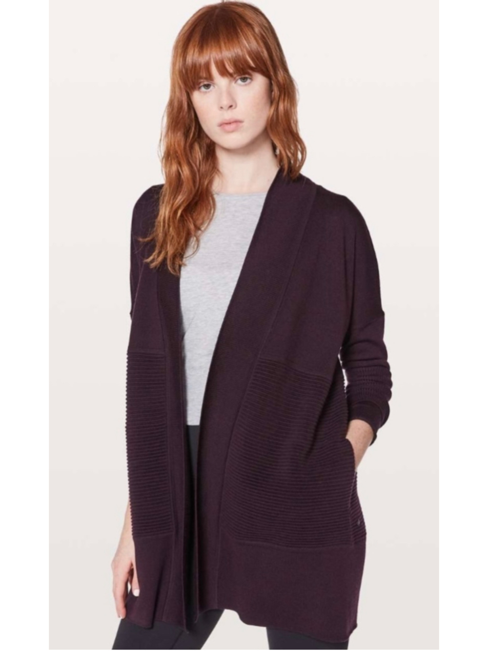 Lululemon Lotus Wrap Sweater Cardigan Merino Wool Black Cherry Purple Sz Medium